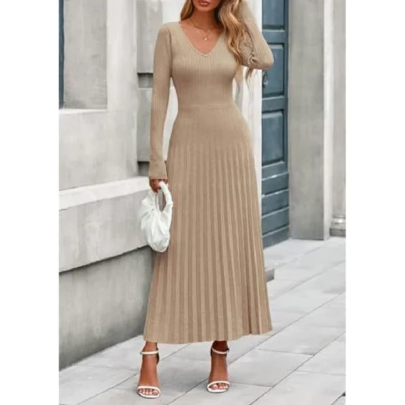 Ribbed Knit Sweater Dress Long Sleeve V Neck A Line Maxi Winter